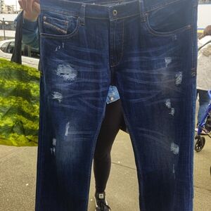 Diesel Men's Relaxed Distressed Dark Blue Jeans